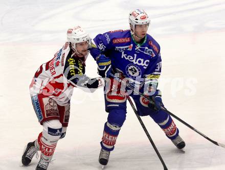 EBEL. Eishockey Bundesliga. EC VSV gegen KAC. Marco Pewal, (VSV), Paul Schellander (KAC). Villach, am 28.12.2013.
Foto: Kuess 


---
pressefotos, pressefotografie, kuess, qs, qspictures, sport, bild, bilder, bilddatenbank