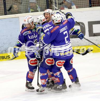 EBEL. Eishockey Bundesliga. EC VSV gegen Dornbirner Eishockey Club.  Torjubel Gerhard Unterluggauer, Derek Ryan(VSV). Villach, am 30.12.2013.
Foto: Kuess 


---
pressefotos, pressefotografie, kuess, qs, qspictures, sport, bild, bilder, bilddatenbank