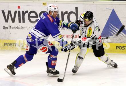 EBEL. Eishockey Bundesliga. EC VSV gegen Dornbirner Eishockey Club.  Cole Jarrett, (VSV), Nicolas Petrik (Dornbirn). Villach, am 30.12.2013.
Foto: Kuess 


---
pressefotos, pressefotografie, kuess, qs, qspictures, sport, bild, bilder, bilddatenbank