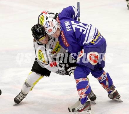 EBEL. Eishockey Bundesliga. EC VSV gegen Dornbirner Eishockey Club.  Marco Pewal, (VSV), Marcel Wolf (Dornbirn). Villach, am 30.12.2013.
Foto: Kuess 


---
pressefotos, pressefotografie, kuess, qs, qspictures, sport, bild, bilder, bilddatenbank