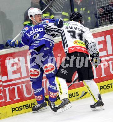 EBEL. Eishockey Bundesliga. EC VSV gegen Dornbirner Eishockey Club.  Curtis Fraser, (VSV), Robert Lembacher (Dornbirn). Villach, am 30.12.2013.
Foto: Kuess 


---
pressefotos, pressefotografie, kuess, qs, qspictures, sport, bild, bilder, bilddatenbank