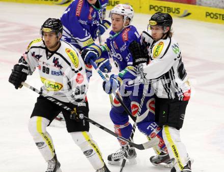 EBEL. Eishockey Bundesliga. EC VSV gegen Dornbirner Eishockey Club.  Alexander Rauchenwald, (VSV),  Kevin Montgomery (Dornbirn). Villach, am 30.12.2013.
Foto: Kuess 


---
pressefotos, pressefotografie, kuess, qs, qspictures, sport, bild, bilder, bilddatenbank