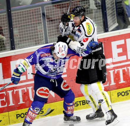 EBEL. Eishockey Bundesliga. EC VSV gegen Dornbirner Eishockey Club.   Brock McBride, (VSV), Matthew Plante (Dornbirn).. Villach, am 30.12.2013.
Foto: Kuess 


---
pressefotos, pressefotografie, kuess, qs, qspictures, sport, bild, bilder, bilddatenbank