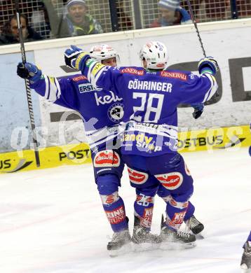 EBEL. Eishockey Bundesliga. EC VSV gegen Dornbirner Eishockey Club.  torjubel Daniel Nageler, Marius Goehringer (VSV). Villach, am 30.12.2013.
Foto: Kuess 


---
pressefotos, pressefotografie, kuess, qs, qspictures, sport, bild, bilder, bilddatenbank