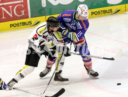 EBEL. Eishockey Bundesliga. EC VSV gegen Dornbirner Eishockey Club.  Stefan Bacher, (VSV), Brett Sonne (Dornbirn). Villach, am 30.12.2013.
Foto: Kuess 


---
pressefotos, pressefotografie, kuess, qs, qspictures, sport, bild, bilder, bilddatenbank