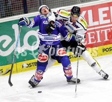 EBEL. Eishockey Bundesliga. EC VSV gegen Dornbirner Eishockey Club.   Brock McBride, (VSV), Matthew Plante (Dornbirn).. Villach, am 30.12.2013.
Foto: Kuess 


---
pressefotos, pressefotografie, kuess, qs, qspictures, sport, bild, bilder, bilddatenbank