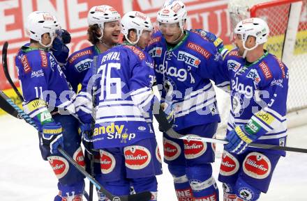 EBEL. Eishockey Bundesliga. EC VSV gegen HDD TELEMACH Olimpija Ljubljana. Torjubel Marco Pewal, Derek Ryan, John Hughes, Cole jarrett, Gerhard Unterluggauer (VSV). Villach, am 1.1.2014.
Foto: Kuess 


---
pressefotos, pressefotografie, kuess, qs, qspictures, sport, bild, bilder, bilddatenbank