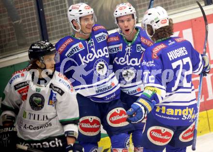 EBEL. Eishockey Bundesliga. EC VSV gegen HDD TELEMACH Olimpija Ljubljana. Torjubel Derek Ryan, Marco Pewal, John Hughes (VSV). Villach, am 1.1.2014.
Foto: Kuess 


---
pressefotos, pressefotografie, kuess, qs, qspictures, sport, bild, bilder, bilddatenbank