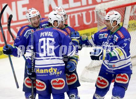 EBEL. Eishockey Bundesliga. EC VSV gegen HDD TELEMACH Olimpija Ljubljana. Torjubel Marco Pewal, Derek Ryan, John Hughes, Cole jarrett (VSV). Villach, am 1.1.2014.
Foto: Kuess 


---
pressefotos, pressefotografie, kuess, qs, qspictures, sport, bild, bilder, bilddatenbank