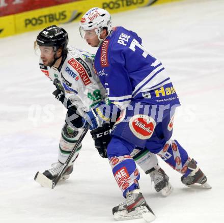 EBEL. Eishockey Bundesliga. EC VSV gegen HDD TELEMACH Olimpija Ljubljana. Marco Pewal,  (VSV), Kenneth Macauley (Laibach). Villach, am 1.1.2014.
Foto: Kuess 


---
pressefotos, pressefotografie, kuess, qs, qspictures, sport, bild, bilder, bilddatenbank