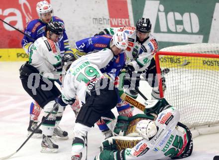 EBEL. Eishockey Bundesliga. EC VSV gegen HDD TELEMACH Olimpija Ljubljana. Derek Ryan, Cole Jarrett, (VSV), Jerry Kuhn, Gal Koren, Matej Hocevar, Kenneth Macauley  (Laibach). Villach, am 1.1.2014.
Foto: Kuess 


---
pressefotos, pressefotografie, kuess, qs, qspictures, sport, bild, bilder, bilddatenbank