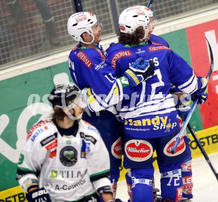 EBEL. Eishockey Bundesliga. EC VSV gegen HDD TELEMACH Olimpija Ljubljana. Torjubel Derek Ryan, Marco Pewal, John Hughes (VSV). Villach, am 1.1.2014.
Foto: Kuess 


---
pressefotos, pressefotografie, kuess, qs, qspictures, sport, bild, bilder, bilddatenbank