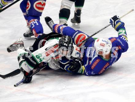 EBEL. Eishockey Bundesliga. EC VSV gegen HDD TELEMACH Olimpija Ljubljana. Curtis Fraser, (VSV), Andrej Hebar (Laibach). Villach, am 1.1.2014.
Foto: Kuess 


---
pressefotos, pressefotografie, kuess, qs, qspictures, sport, bild, bilder, bilddatenbank