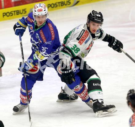 EBEL. Eishockey Bundesliga. EC VSV gegen HDD TELEMACH Olimpija Ljubljana. Marco Pewal, (VSV),  Ziga Grahut (Laibach). Villach, am 1.1.2014.
Foto: Kuess 


---
pressefotos, pressefotografie, kuess, qs, qspictures, sport, bild, bilder, bilddatenbank