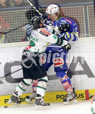 EBEL. Eishockey Bundesliga. EC VSV gegen HDD TELEMACH Olimpija Ljubljana. Michael Forney, (VSV), Kenneth Macauley  (Laibach). Villach, am 1.1.2014.
Foto: Kuess 


---
pressefotos, pressefotografie, kuess, qs, qspictures, sport, bild, bilder, bilddatenbank