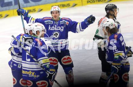 EBEL. Eishockey Bundesliga. EC VSV gegen HDD TELEMACH Olimpija Ljubljana. Torjubel Derek Ryan, Marco Pewal, Cole Jarrett, John Hughes (VSV). Villach, am 1.1.2014.
Foto: Kuess 


---
pressefotos, pressefotografie, kuess, qs, qspictures, sport, bild, bilder, bilddatenbank