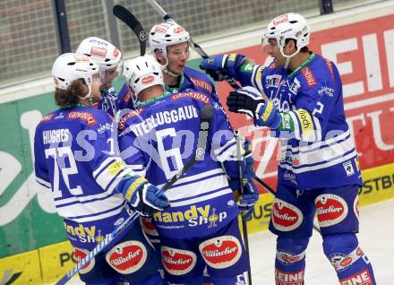 EBEL. Eishockey Bundesliga. EC VSV gegen HDD TELEMACH Olimpija Ljubljana. Torjubel Derek Ryan, Marco Pewal, John Hughes, Gerhard Unterluggauer, Cole Jarrett (VSV). Villach, am 1.1.2014.
Foto: Kuess 


---
pressefotos, pressefotografie, kuess, qs, qspictures, sport, bild, bilder, bilddatenbank