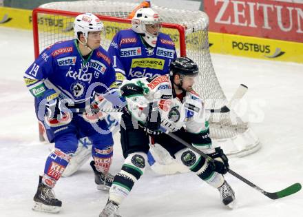 EBEL. Eishockey Bundesliga. EC VSV gegen HDD TELEMACH Olimpija Ljubljana. Stefan Bacher, (VSV),  Jean Philippe Lamoureux, Andrej Hebar (Laibach). Villach, am 1.1.2014.
Foto: Kuess 


---
pressefotos, pressefotografie, kuess, qs, qspictures, sport, bild, bilder, bilddatenbank