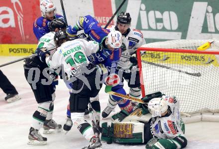 EBEL. Eishockey Bundesliga. EC VSV gegen HDD TELEMACH Olimpija Ljubljana. Derek Ryan, Cole Jarrett,  (VSV), Jerry Kuhn, Gal Koren, Matej Hocevar, Kenneth Macauley (Laibach). Villach, am 1.1.2014.
Foto: Kuess 


---
pressefotos, pressefotografie, kuess, qs, qspictures, sport, bild, bilder, bilddatenbank