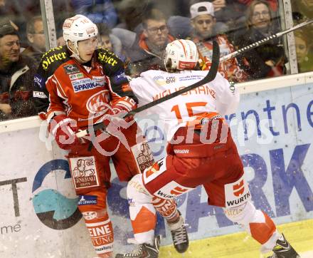 EBEL. Eishockey Bundesliga. KAC gegen HCB Suedtirol. Patrick Harand, (KAC), Enrico Miglioranzi  (Bozen). Klagenfurt, am 5.1.2014.
Foto: Kuess 

---
pressefotos, pressefotografie, kuess, qs, qspictures, sport, bild, bilder, bilddatenbank