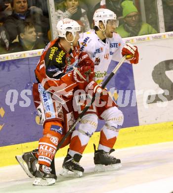 EBEL. Eishockey Bundesliga. KAC gegen HCB Suedtirol. Jamie Lundmark,  (KAC), Hannes Oberdoerfer (Bozen). Klagenfurt, am 5.1.2014.
Foto: Kuess 

---
pressefotos, pressefotografie, kuess, qs, qspictures, sport, bild, bilder, bilddatenbank