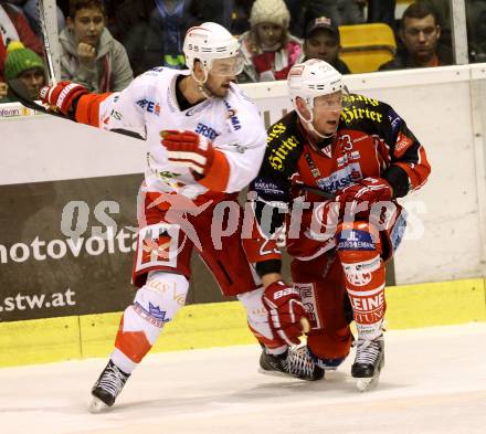 EBEL. Eishockey Bundesliga. KAC gegen HCB Suedtirol. Mike Siklenka,  (KAC),  Sebastien Piche (Bozen). Klagenfurt, am 5.1.2014.
Foto: Kuess 

---
pressefotos, pressefotografie, kuess, qs, qspictures, sport, bild, bilder, bilddatenbank