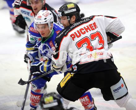 EBEL. Eishockey Bundesliga. EC VSV gegen HC Orli Znojmo. Marius Goehringer (VSV), Peter Pucher (Znaim). Villach, am 7.1.2014.
Foto: Kuess
---
pressefotos, pressefotografie, kuess, qs, qspictures, sport, bild, bilder, bilddatenbank