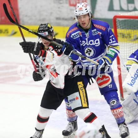 EBEL. Eishockey Bundesliga. EC VSV gegen HC Orli Znojmo. Lucas Loibnegger (VSV), Lukas Finsterle (Znaim). Villach, am 7.1.2014.
Foto: Kuess
---
pressefotos, pressefotografie, kuess, qs, qspictures, sport, bild, bilder, bilddatenbank