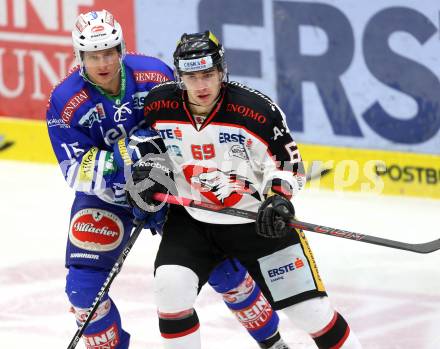 EBEL. Eishockey Bundesliga. EC VSV gegen HC Orli Znojmo. Daniel Nageler (VSV), Lukas Finsterle (Znaim). Villach, am 7.1.2014.
Foto: Kuess
---
pressefotos, pressefotografie, kuess, qs, qspictures, sport, bild, bilder, bilddatenbank