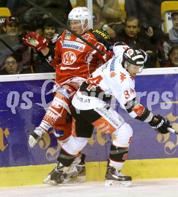 EBEL. Eishockey Bundesliga. KAC gegen HC TWK Innsbruck Die Haie. Mike Siklenka, (KAC), Stefan Pittl  (Innsbruck). Klagenfurt, am 10.1.2014.
Foto: Kuess 

---
pressefotos, pressefotografie, kuess, qs, qspictures, sport, bild, bilder, bilddatenbank