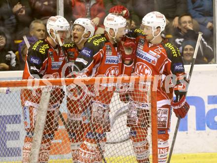 EBEL. Eishockey Bundesliga. KAC gegen HC TWK Innsbruck Die Haie. Torjubel Thomas Koch, John Lammers, Thomas Poeck, Kirk Furey (KAC). Klagenfurt, am 10.1.2014.
Foto: Kuess 

---
pressefotos, pressefotografie, kuess, qs, qspictures, sport, bild, bilder, bilddatenbank