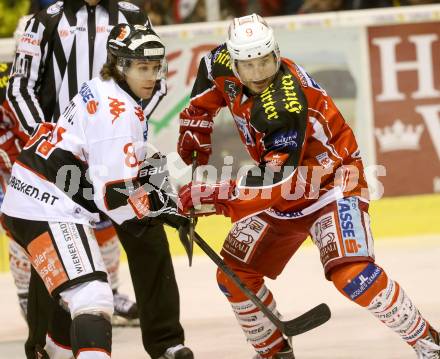 EBEL. Eishockey Bundesliga. KAC gegen HC TWK Innsbruck Die Haie. Tyler Spurgeon,  (KAC), Justin Donati (Innsbruck). Klagenfurt, am 10.1.2014.
Foto: Kuess 

---
pressefotos, pressefotografie, kuess, qs, qspictures, sport, bild, bilder, bilddatenbank