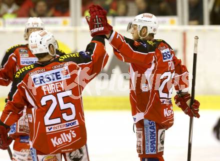 EBEL. Eishockey Bundesliga. KAC gegen HC TWK Innsbruck Die Haie. Torjubel Thomas Poeck, Kirk Furey (KAC). Klagenfurt, am 10.1.2014.
Foto: Kuess 

---
pressefotos, pressefotografie, kuess, qs, qspictures, sport, bild, bilder, bilddatenbank