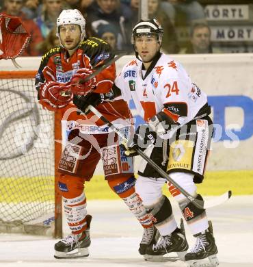 EBEL. Eishockey Bundesliga. KAC gegen HC TWK Innsbruck Die Haie. Tyler Spurgeon, (KAC),  Florian Pedevilla (Innsbruck). Klagenfurt, am 10.1.2014.
Foto: Kuess 

---
pressefotos, pressefotografie, kuess, qs, qspictures, sport, bild, bilder, bilddatenbank