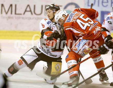 EBEL. Eishockey Bundesliga. KAC gegen HC TWK Innsbruck Die Haie. David Schuller,  (KAC), Herbert Steiner (Innsbruck). Klagenfurt, am 10.1.2014.
Foto: Kuess 

---
pressefotos, pressefotografie, kuess, qs, qspictures, sport, bild, bilder, bilddatenbank