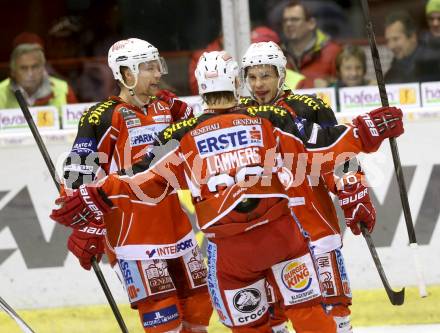 EBEL. Eishockey Bundesliga. KAC gegen HC TWK Innsbruck Die Haie. Torjubel Jamie Lundmark, Thomas Koch, John Lammers (KAC). Klagenfurt, am 10.1.2014.
Foto: Kuess 

---
pressefotos, pressefotografie, kuess, qs, qspictures, sport, bild, bilder, bilddatenbank