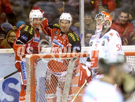 EBEL. Eishockey Bundesliga. KAC gegen HC TWK Innsbruck Die Haie. Torjubel Thomas Koch, John Lammers (KAC). Klagenfurt, am 10.1.2014.
Foto: Kuess 

---
pressefotos, pressefotografie, kuess, qs, qspictures, sport, bild, bilder, bilddatenbank