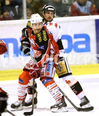 EBEL. Eishockey Bundesliga. KAC gegen HC TWK Innsbruck Die Haie. Tyler Spurgeon,  (KAC), Florian Stern (Innsbruck). Klagenfurt, am 10.1.2014.
Foto: Kuess 

---
pressefotos, pressefotografie, kuess, qs, qspictures, sport, bild, bilder, bilddatenbank