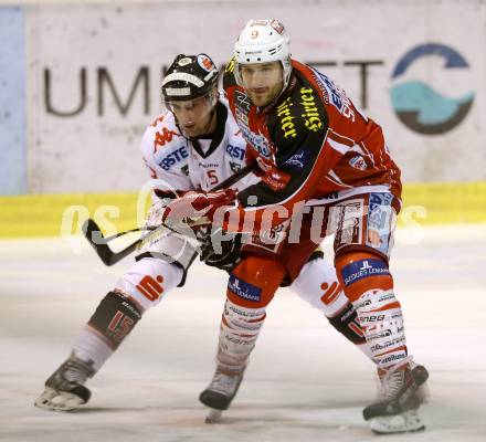 EBEL. Eishockey Bundesliga. KAC gegen HC TWK Innsbruck Die Haie. Tyler Spurgeon,  (KAC), Lukas Jurik (Innsbruck). Klagenfurt, am 10.1.2014.
Foto: Kuess 

---
pressefotos, pressefotografie, kuess, qs, qspictures, sport, bild, bilder, bilddatenbank