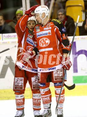 EBEL. Eishockey Bundesliga. KAC gegen HC TWK Innsbruck Die Haie. Torjubel  Thomas Koch, Mike Siklenka (KAC). Klagenfurt, am 10.1.2014.
Foto: Kuess 

---
pressefotos, pressefotografie, kuess, qs, qspictures, sport, bild, bilder, bilddatenbank