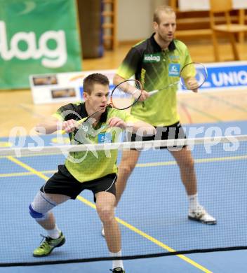 Badminton Bundesliga. ASKOE kelag Kaernten gegen Wolfurt. Paul Demmelmayer, Michael Trojan  (KÃ¤rnten). Klagenfurt, 11.1.2014.
Foto: Kuess
---
pressefotos, pressefotografie, kuess, qs, qspictures, sport, bild, bilder, bilddatenbank