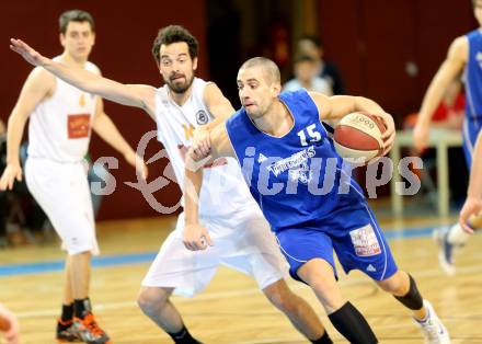 Basketball 2. Bundesliga. Woerthersee Piraten gegen Vienna D.C. Timberwolves. Alexander Ey,  (Piraten), Vincent Polakovic (Vienna). Klagenfurt, am 11.1.2014.
Foto: Kuess
---
pressefotos, pressefotografie, kuess, qs, qspictures, sport, bild, bilder, bilddatenbank