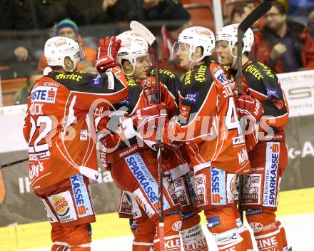 EBEL. Eishockey Bundesliga. KAC gegen HDD TELEMACH Olimpija Ljubljana.  Torjubel POECK Thomas, GEIER Manuel, SCHUMNIG Martin, SCHULLER David, GEIER Stefan (KAC). Klagenfurt, am 17.1.2014.
Foto: Kuess 

---
pressefotos, pressefotografie, kuess, qs, qspictures, sport, bild, bilder, bilddatenbank