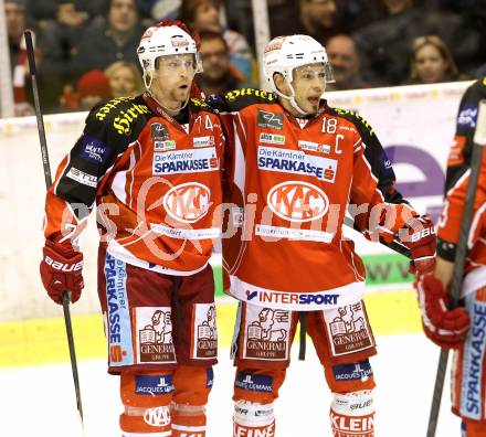 EBEL. Eishockey Bundesliga. KAC gegen HDD TELEMACH Olimpija Ljubljana.  Torjubel KOCH Thomas, LUNDMARK Jamie (KAC). Klagenfurt, am 17.1.2014.
Foto: Kuess 

---
pressefotos, pressefotografie, kuess, qs, qspictures, sport, bild, bilder, bilddatenbank