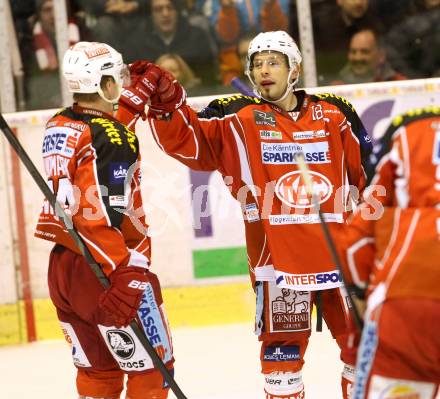 EBEL. Eishockey Bundesliga. KAC gegen HDD TELEMACH Olimpija Ljubljana.  Torjubel Thomas Koch, Jamie Lundmark (KAC). Klagenfurt, am 17.1.2014.
Foto: Kuess 

---
pressefotos, pressefotografie, kuess, qs, qspictures, sport, bild, bilder, bilddatenbank