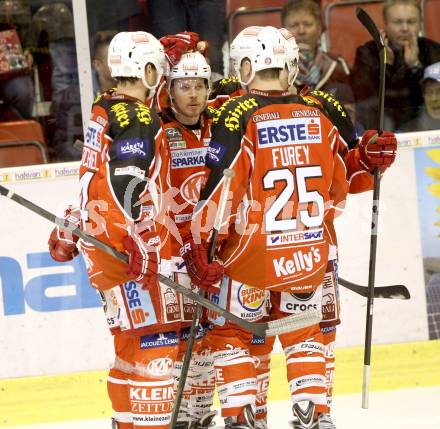 EBEL. Eishockey Bundesliga. KAC gegen HDD TELEMACH Olimpija Ljubljana.  Torjubel SPURGEON Tyler, SCOFIELD Tyler, FUREY Kirk, REICHEL Johannes  (KAC). Klagenfurt, am 17.1.2014.
Foto: Kuess 

---
pressefotos, pressefotografie, kuess, qs, qspictures, sport, bild, bilder, bilddatenbank