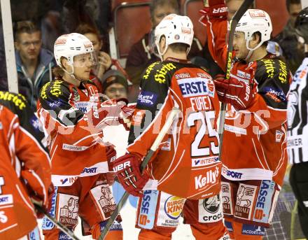 EBEL. Eishockey Bundesliga. KAC gegen HDD TELEMACH Olimpija Ljubljana.  Torjubel SPURGEON Tyler, SCOFIELD Tyler, FUREY Kirk,  (KAC). Klagenfurt, am 17.1.2014.
Foto: Kuess 

---
pressefotos, pressefotografie, kuess, qs, qspictures, sport, bild, bilder, bilddatenbank