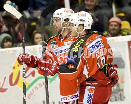 EBEL. Eishockey Bundesliga. KAC gegen HDD TELEMACH Olimpija Ljubljana.  Torjubel Martin Schumnig, Stefan Geier (KAC). Klagenfurt, am 17.1.2014.
Foto: Kuess 

---
pressefotos, pressefotografie, kuess, qs, qspictures, sport, bild, bilder, bilddatenbank