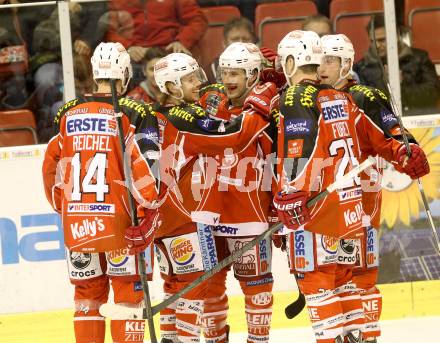 EBEL. Eishockey Bundesliga. KAC gegen HDD TELEMACH Olimpija Ljubljana.  Torjubel SPURGEON Tyler, SCOFIELD Tyler, FUREY Kirk, FRETTER Colton, REICHEL Johannes (KAC). Klagenfurt, am 17.1.2014.
Foto: Kuess 

---
pressefotos, pressefotografie, kuess, qs, qspictures, sport, bild, bilder, bilddatenbank