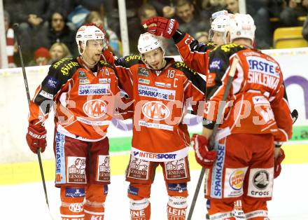 EBEL. Eishockey Bundesliga. KAC gegen HDD TELEMACH Olimpija Ljubljana.  Torjubel KOCH Thomas, LUNDMARK Jamie (KAC). Klagenfurt, am 17.1.2014.
Foto: Kuess 

---
pressefotos, pressefotografie, kuess, qs, qspictures, sport, bild, bilder, bilddatenbank